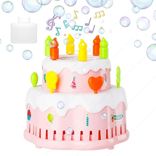 SHAKTISM آلة فقاعات على شكل كعكة عيد ميلاد SHAKTISM مع موسيقى وأضواء LED، 13 عصا دوارة، أكثر من 15000 فقاعة/دقيقة، حل مدمج وملصقات DIY، لعبة نفاخ فقاعات محمولة للأطفال والرضع (لون عشوائي) - Image 1