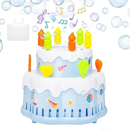 SHAKTISM آلة فقاعات على شكل كعكة عيد ميلاد SHAKTISM مع موسيقى وأضواء LED، 13 عصا دوارة، أكثر من 15000 فقاعة/دقيقة، حل مدمج وملصقات DIY، لعبة نفاخ فقاعات محمولة للأطفال والرضع (لون عشوائي) - Image 2