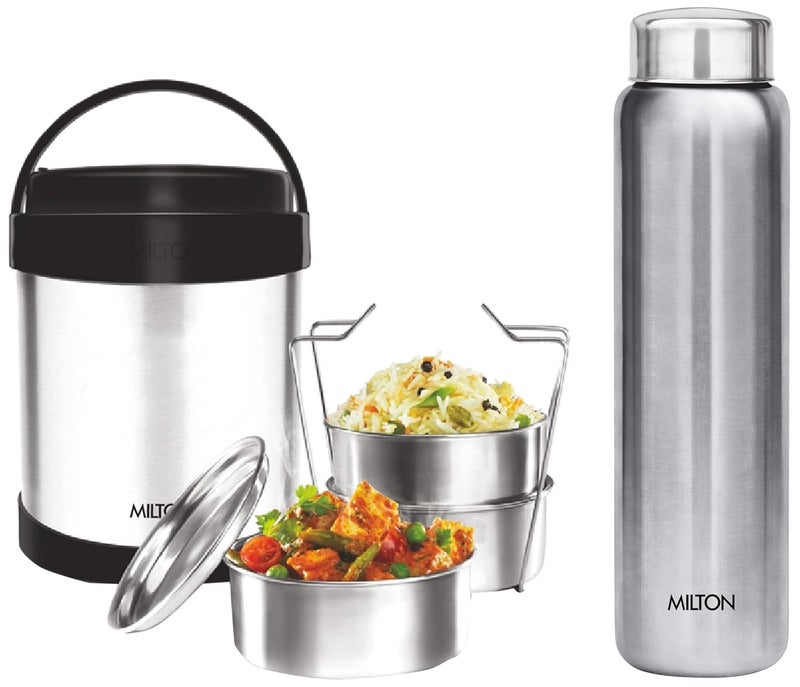 Milton Milton Royal 3 Insulated Steel Tiffin Box, 1.8 & Aqua 1000 Single Walled Stainless Steel Fridge Water Bottle, 950ml, Silver Combo - Image 1