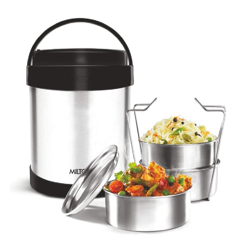 Milton Milton Royal 3 Insulated Steel Tiffin Box, 1.8 & Aqua 1000 Single Walled Stainless Steel Fridge Water Bottle, 950ml, Silver Combo - Image 2