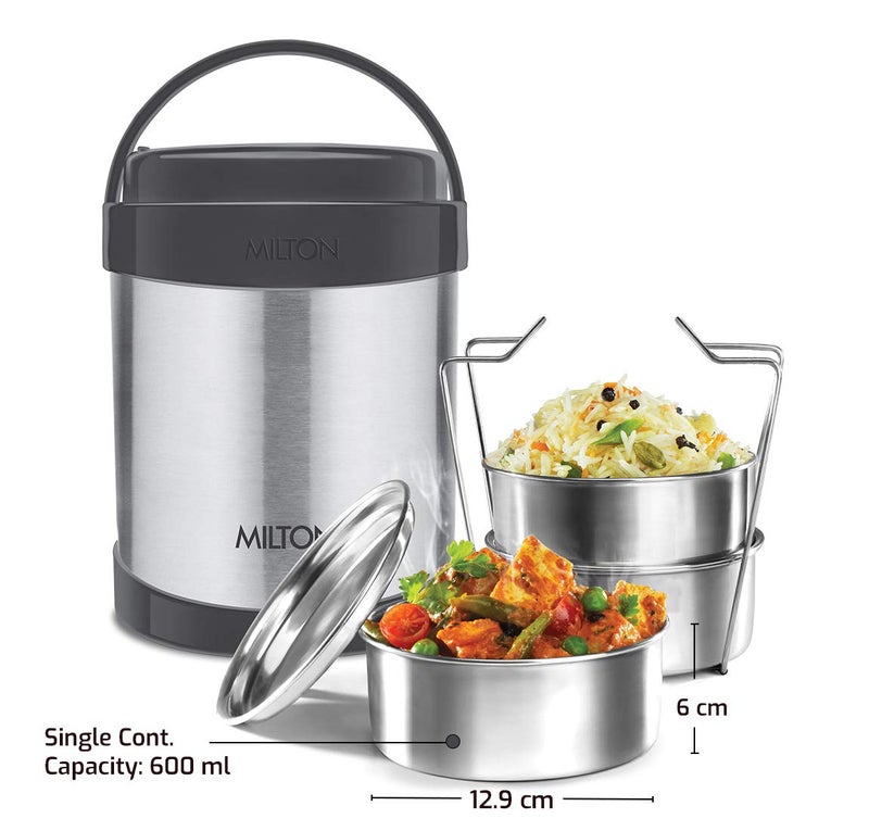 Milton Milton Royal 3 Insulated Steel Tiffin Box, 1.8 & Aqua 1000 Single Walled Stainless Steel Fridge Water Bottle, 950ml, Silver Combo - Image 4