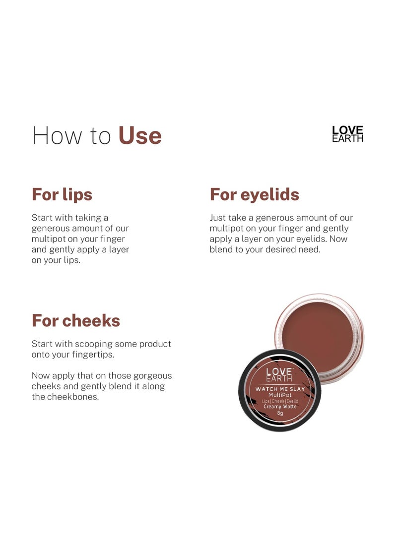 Love Earth Lip Tint & Cheek Tint Multipot-Watch Me Slay With Richness Of Essential Oils And Vitamin E For Lips, Eyelids & Cheeks, Matte Finish - Caramel Brown - Image 5