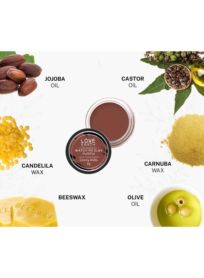 Love Earth Lip Tint & Cheek Tint Multipot-Watch Me Slay With Richness Of Essential Oils And Vitamin E For Lips, Eyelids & Cheeks, Matte Finish - Caramel Brown - Image 4