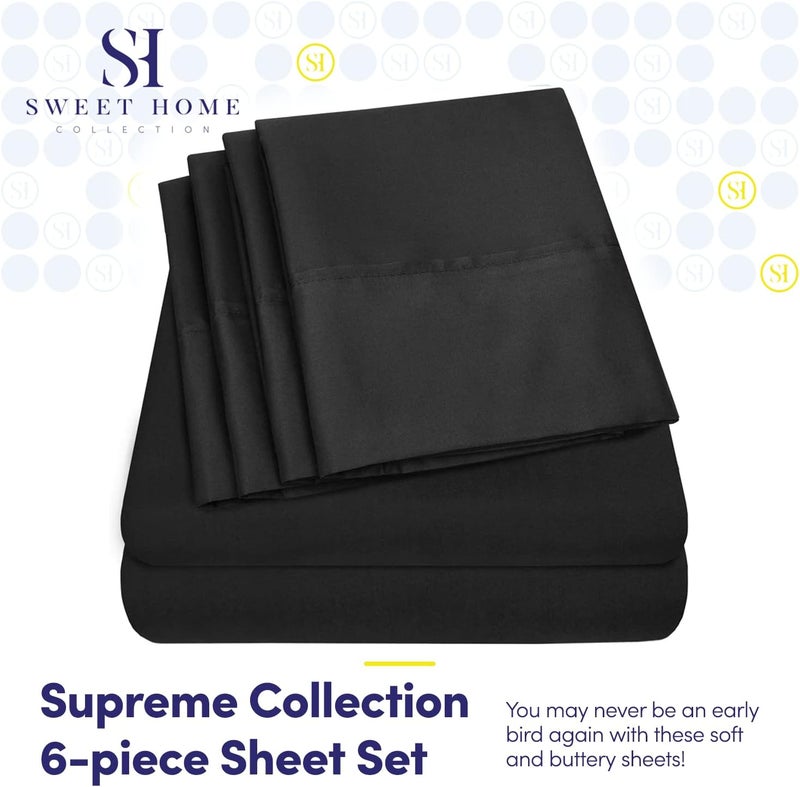 King Size Bed s - 6 Piece 1500 Supreme Fine Brushed Microfiber Deep Pocket King Set Bedding - 2 Extra Pillow Cases, Great Value, King, Black - Image 2