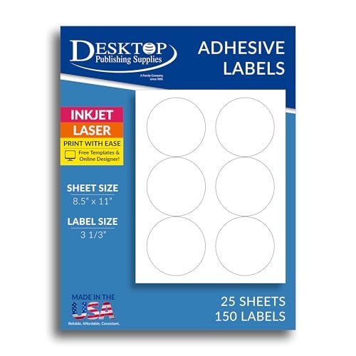 Desktop Publishing Supplies 150 White 3 1/3" Round Large Circle Labels - 25 Sheets (6 Per Page) - for Inkjet & Laser Printers - Image 1