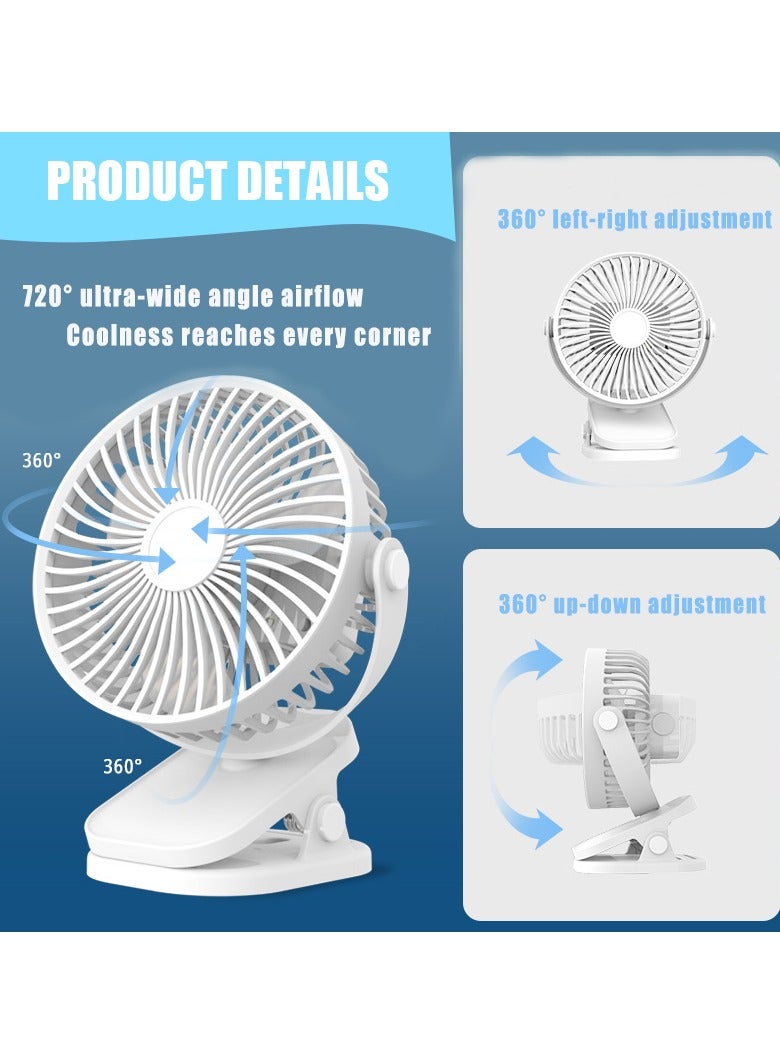 التلقيم مشبك محمول على المروحة، 720 درجة دوران البطارية تشغيل عربة الأطفال، 5 سرعة هدوئة صغيرة المكتب الشخصي المروحة، USB القابلة لإعادة الشحن ناقلة غولف عربة المنزل الأبيض - Image 5