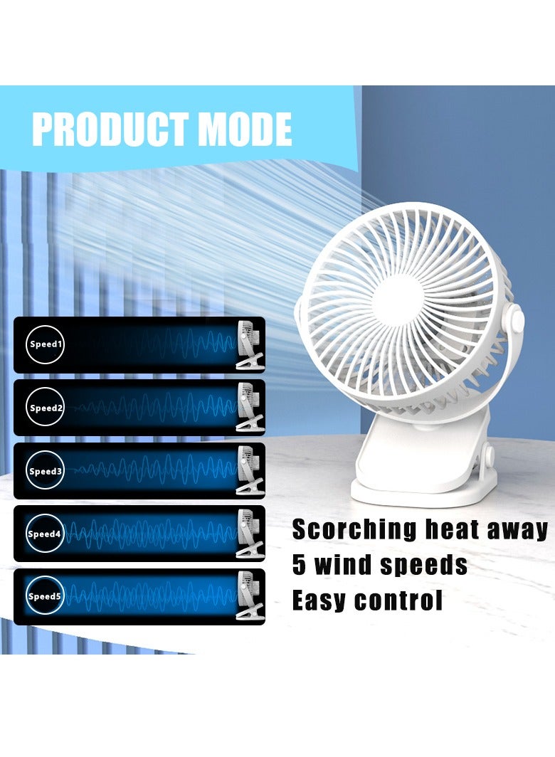 التلقيم مشبك محمول على المروحة، 720 درجة دوران البطارية تشغيل عربة الأطفال، 5 سرعة هدوئة صغيرة المكتب الشخصي المروحة، USB القابلة لإعادة الشحن ناقلة غولف عربة المنزل الأبيض - Image 4