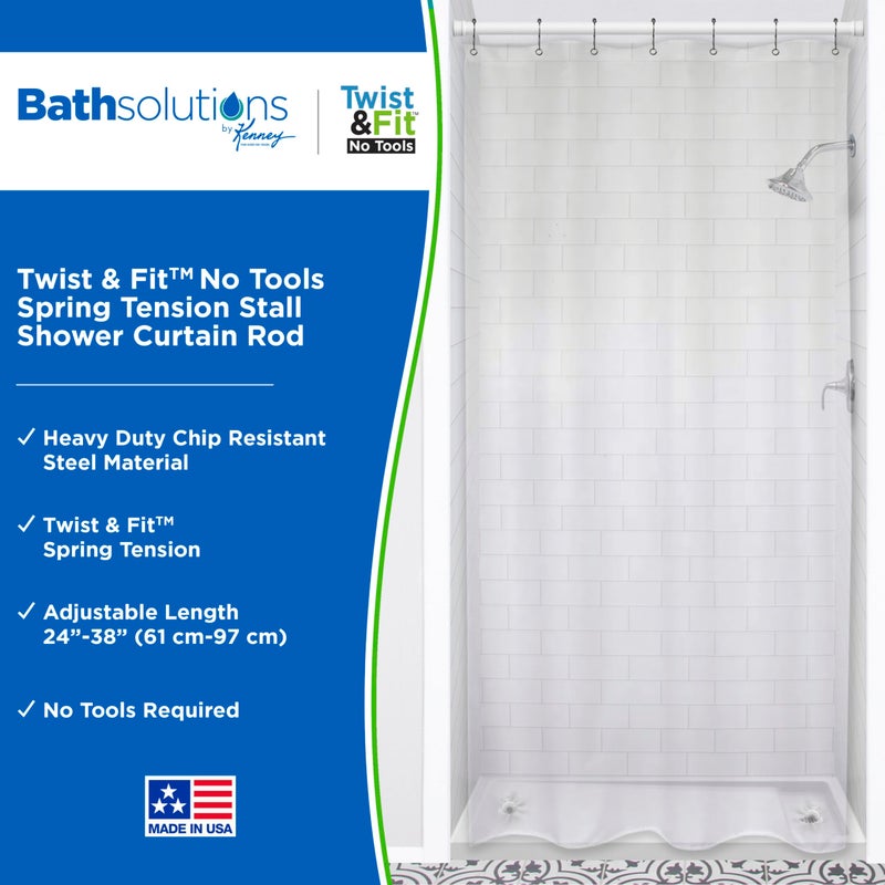 Kenney KN607S/1 Twist & Fit No Tools Spring Tension Stall Shower Curtain Rod with Non-Slip, Non-Scratch Ends, 24-38" Adjustable Length, Easy Install, White, 1" Diameter Rust Resistant Steel Tube - Image 2
