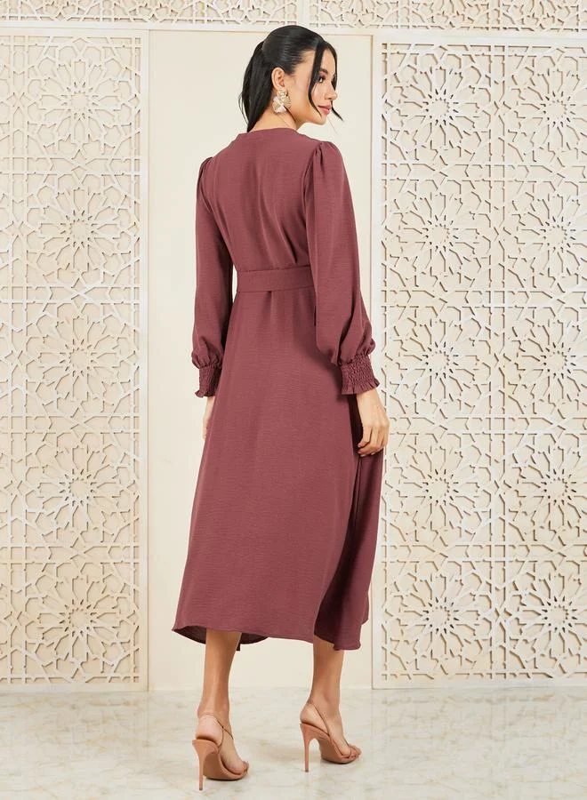 ستايلي Smocked Cuff Sleeves Woven Belted Shirt Midi Dress