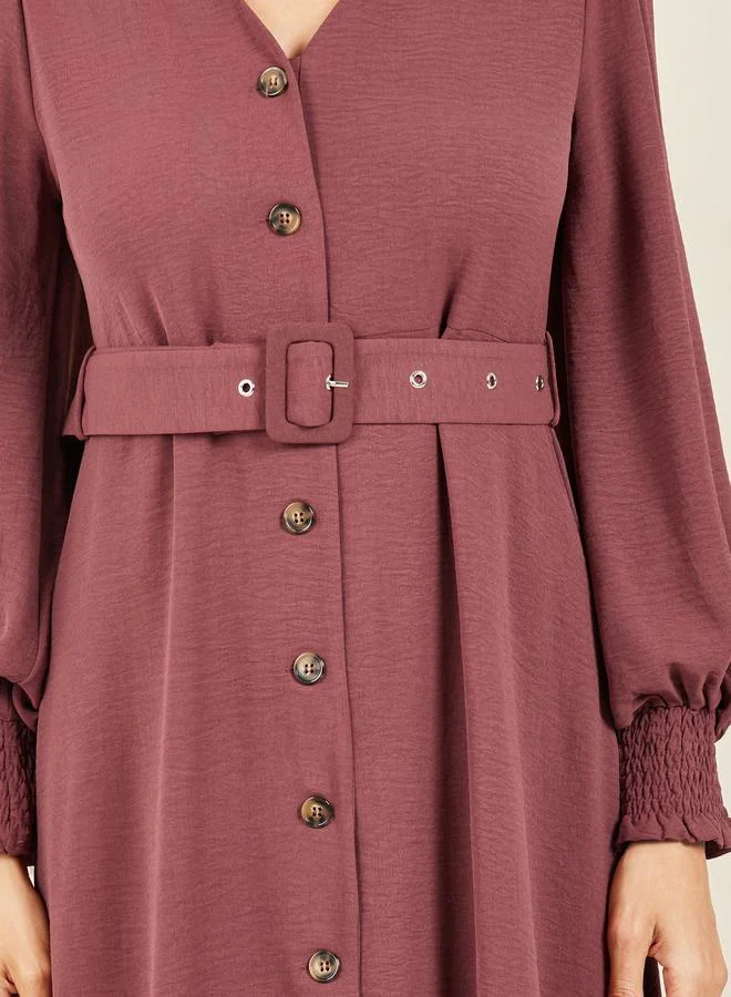 ستايلي Smocked Cuff Sleeves Woven Belted Shirt Midi Dress
