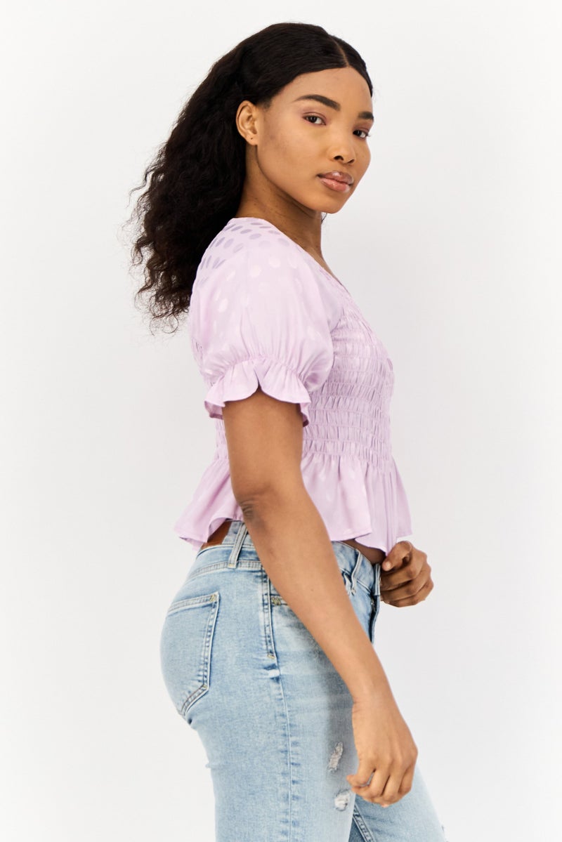 ONLY Women V Neck Short Sleeves Ruched Top, Lilac  - Image 3