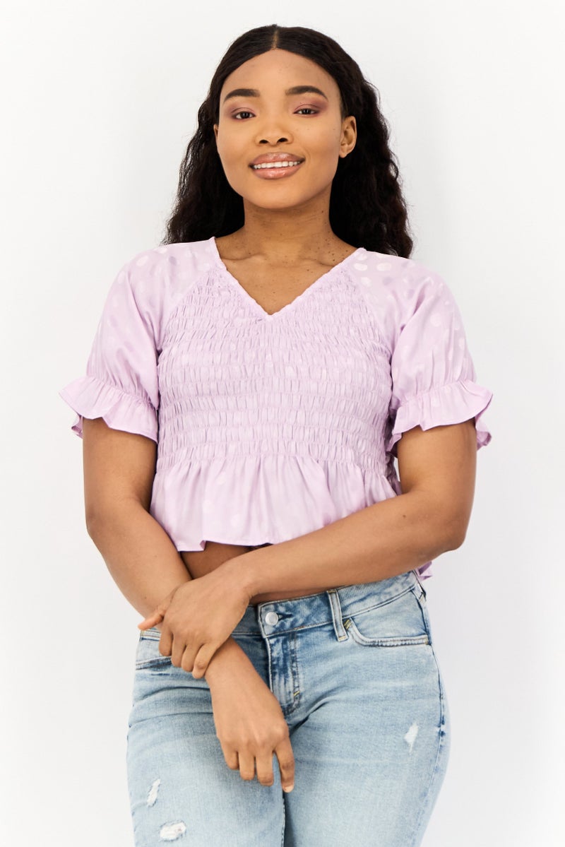 ONLY Women V Neck Short Sleeves Ruched Top, Lilac  - Image 1