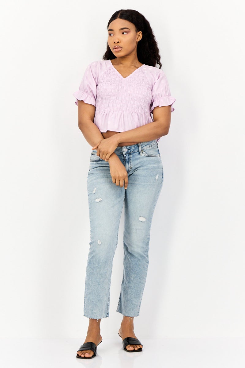 ONLY Women V Neck Short Sleeves Ruched Top, Lilac  - Image 2