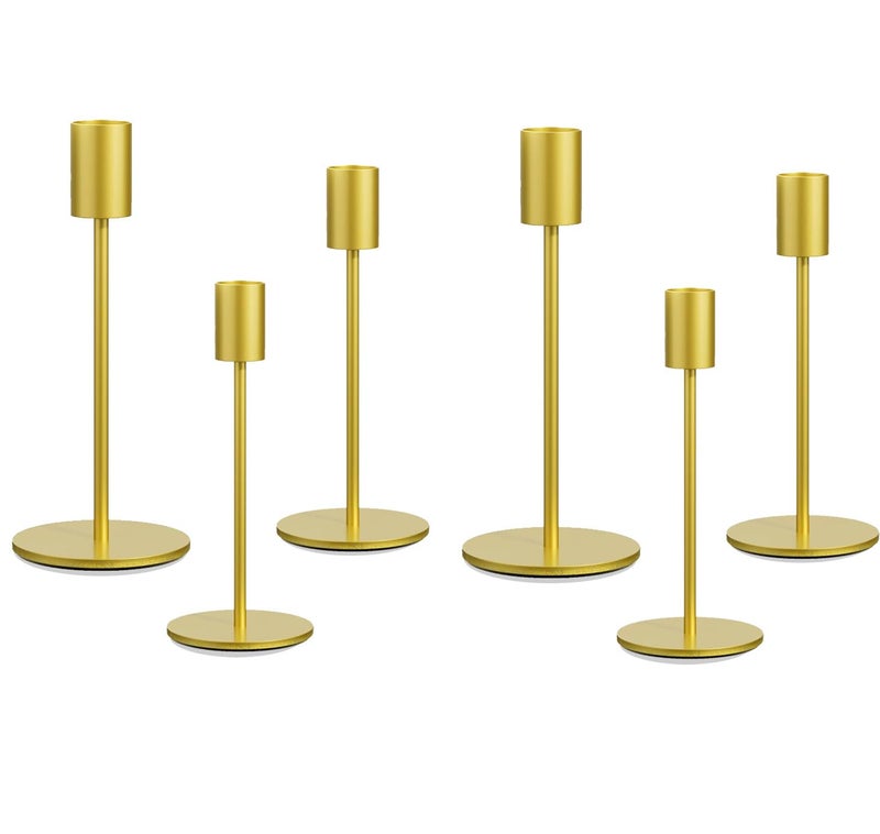 Ahpuhtan Taper Candle Holder Set of 6, Brass Gold Tall Candlestick Holders, Metal Vintage Candle Stickers Long Holder Set, Pillar Decorative Candle Holder Fits 3/4 Inch Candle for Wedding (Gold-6 Packs) - Image 1