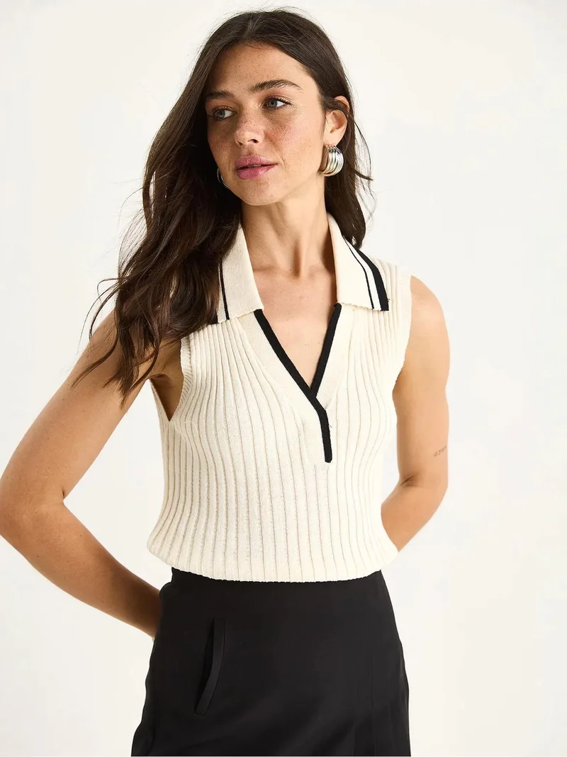 Bianco Lucci Natural LUCCI Slim Fit V-Neck Buttoned Blouse for Women | Best Price UAE