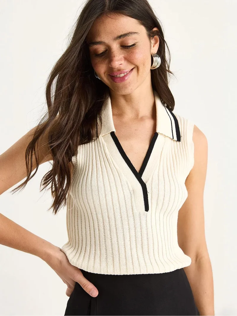 Bianco Lucci Natural LUCCI Slim Fit V-Neck Buttoned Blouse for Women | Best Price UAE
