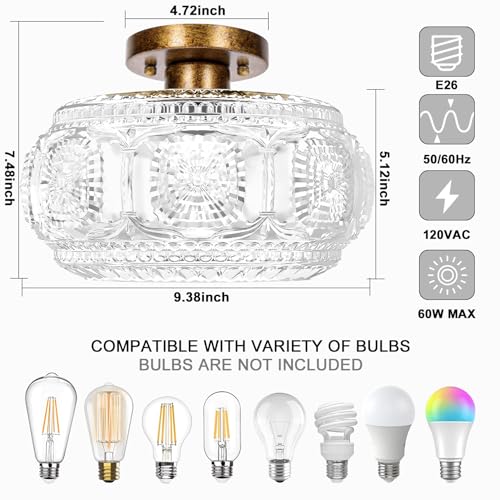 OYKYOHEI Semi Flush Mount Ceiling Light, Globe Glass Ceiling Light Fixture, Antique Bronze Modern Lighting for Hallway Bedroom Entryway Kitchen Porch, Bulb Not Included - Image 3