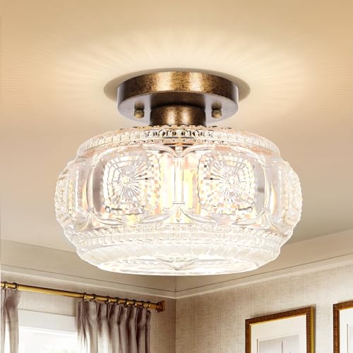 OYKYOHEI Semi Flush Mount Ceiling Light, Globe Glass Ceiling Light Fixture, Antique Bronze Modern Lighting for Hallway Bedroom Entryway Kitchen Porch, Bulb Not Included - Image 1