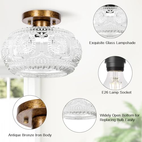 OYKYOHEI Semi Flush Mount Ceiling Light, Globe Glass Ceiling Light Fixture, Antique Bronze Modern Lighting for Hallway Bedroom Entryway Kitchen Porch, Bulb Not Included - Image 4