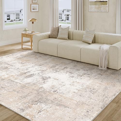 WondRg 6x9 Washable Area Rug Beige Grey Abstract Living Room Bedroom Throw Rug Neutral Modern Non Slip Soft Low Pile Indoor Carpet for Dining Room Office Entryway - Image 1