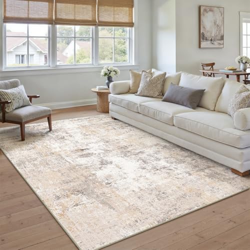 WondRg 6x9 Washable Area Rug Beige Grey Abstract Living Room Bedroom Throw Rug Neutral Modern Non Slip Soft Low Pile Indoor Carpet for Dining Room Office Entryway - Image 5