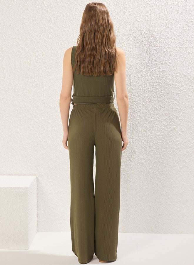 trendyol Khaki Wideleg Regular Waist Knitted Trousers - Image 4