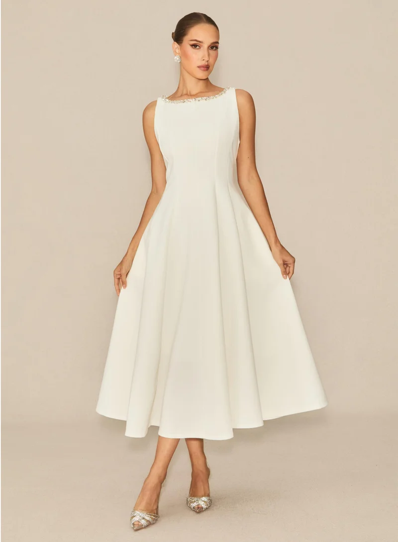 Sunfere Captured Your Heart White Embellished Sleeveless Midi Dress