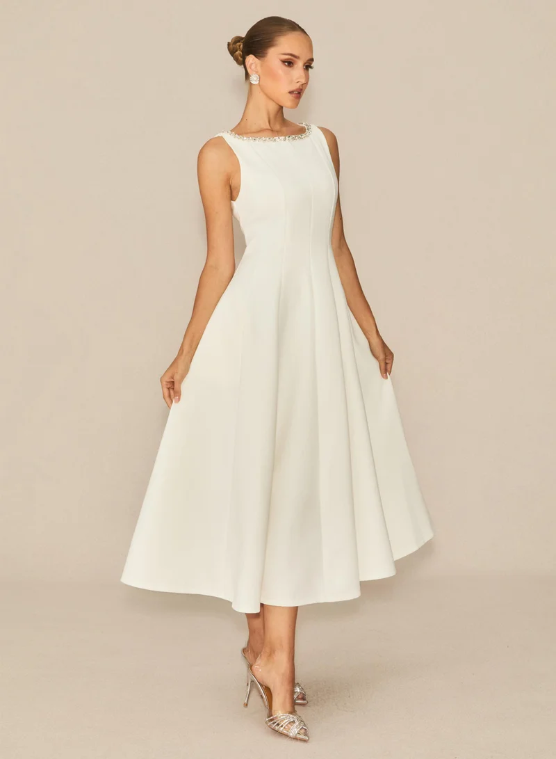 Sunfere Captured Your Heart White Embellished Sleeveless Midi Dress
