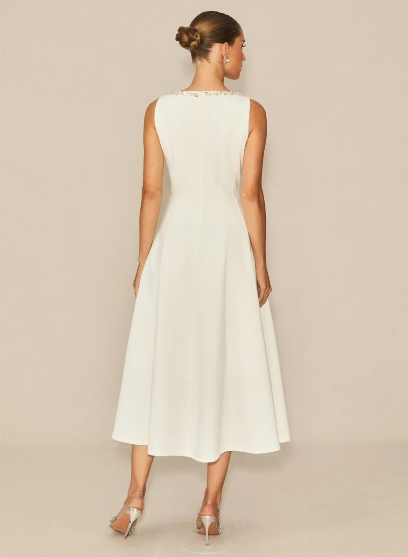 Sunfere  Captured Your Heart White Embellished Sleeveless Midi Dress for Women | Best Price UAE