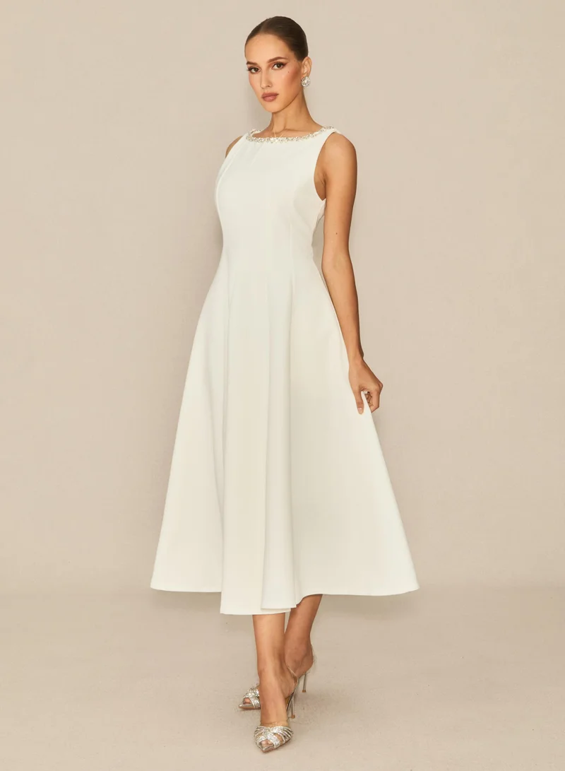 Sunfere  Captured Your Heart White Embellished Sleeveless Midi Dress for Women | Best Price UAE
