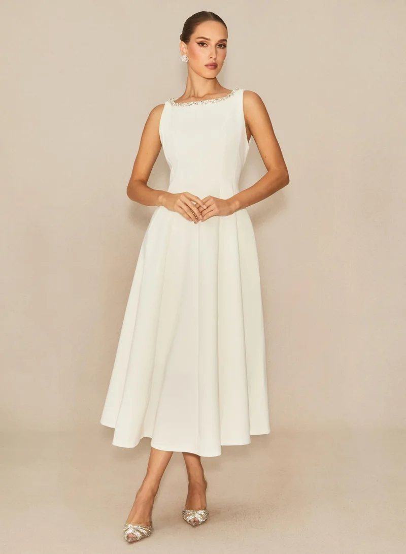 Sunfere  Captured Your Heart White Embellished Sleeveless Midi Dress for Women | Best Price UAE