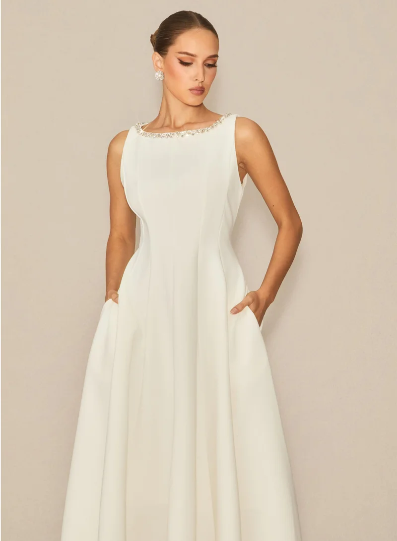 Sunfere  Captured Your Heart White Embellished Sleeveless Midi Dress for Women | Best Price UAE