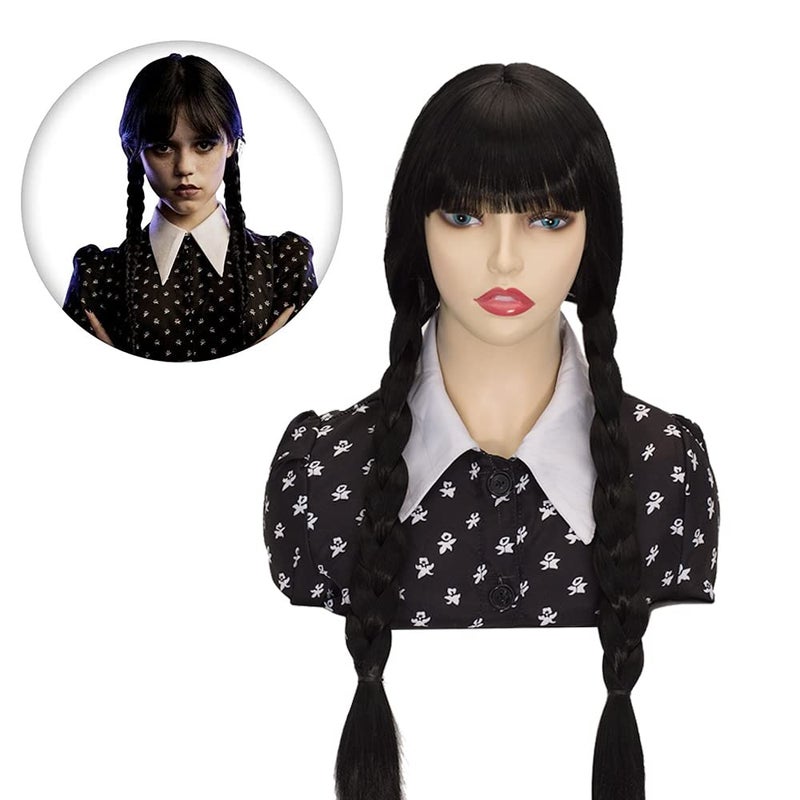 FVCENT Wednesday Addams Wig 26 Long Black Braided Wigs for Women Girls Wednesday Costume Wig with bangs for Halloween Party Costume Wednesday Adult