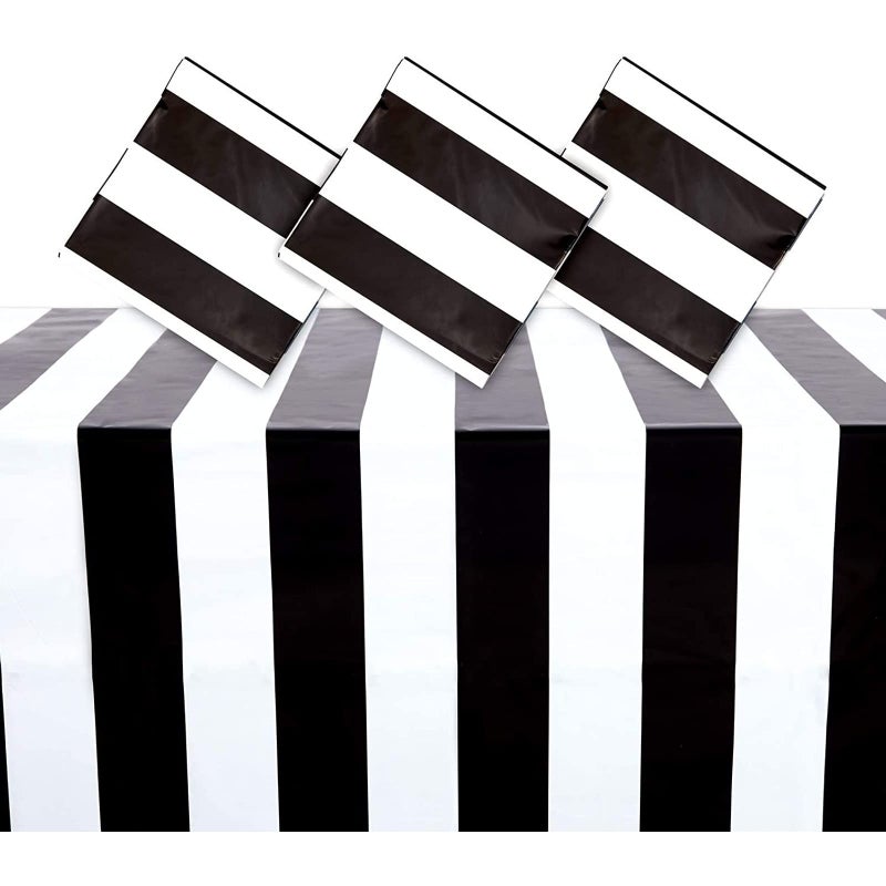 Sparkle and Bash 3Pack Black  White Striped Disposable Tablecloth for Rectangular Tables 9ft Plastic Table Cover for Birthday  Graduation Party Decorations 54 x 108 in  Striped Tablecloth