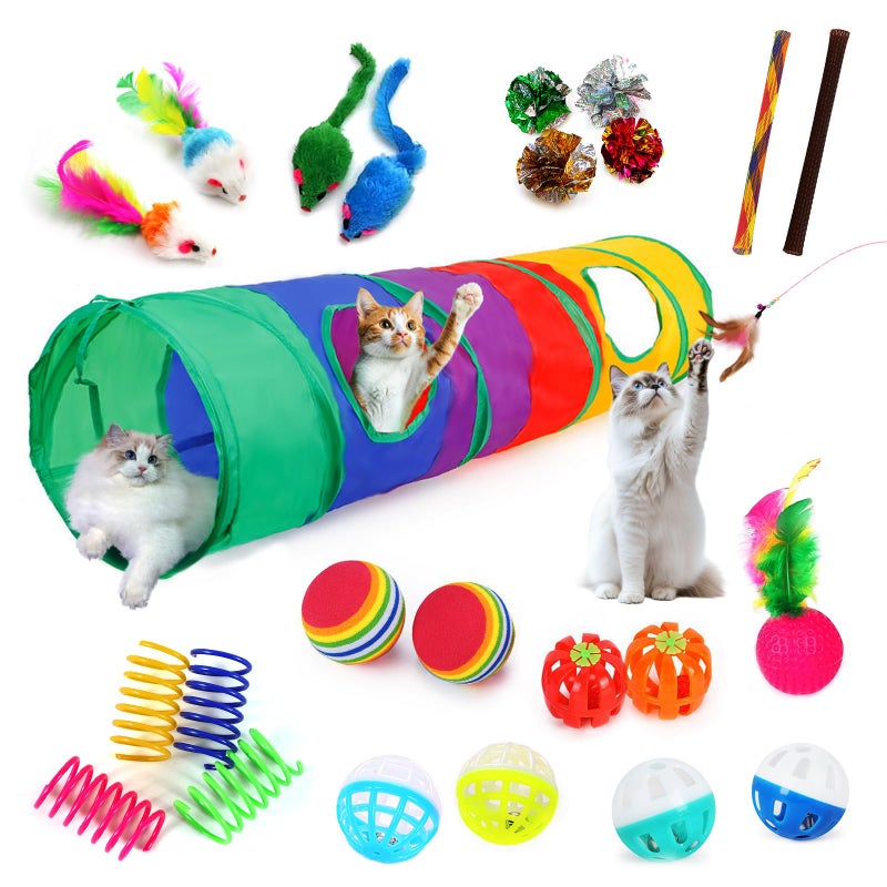 iCAGY 25-Piece Cat Toys Kit with Rainbow Tunnel - Interactive Cat Toy Bundle for Indoor Cats, Kitten Playtime Variety Set Includes Feather Teaser, Springs, Balls, Mice & Noise Toys - Image 1