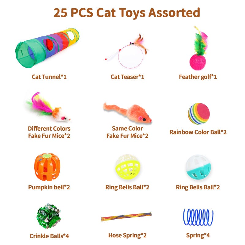 iCAGY 25-Piece Cat Toys Kit with Rainbow Tunnel - Interactive Cat Toy Bundle for Indoor Cats, Kitten Playtime Variety Set Includes Feather Teaser, Springs, Balls, Mice & Noise Toys - Image 2
