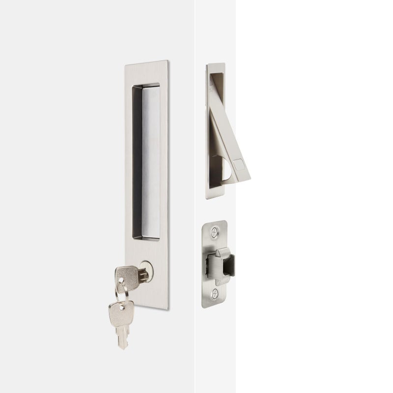 Dontay 2 Pack Pocket Door Handle with Lock and Edge Pull Narrow Modern Rectangular Keyed Entry Function Recessed Sliding Door Hardware for 1 38 to 2 316 Thickness Door 2 Brushed Nickel - Image 2