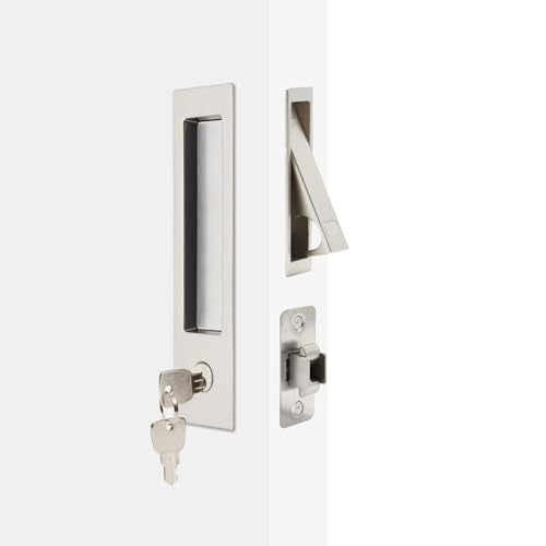 Dontay 2 Pack Pocket Door Handle with Lock and Edge Pull Narrow Modern Rectangular Keyed Entry Function Recessed Sliding Door Hardware for 1 38 to 2 316 Thickness Door 2 Brushed Nickel - Image 1