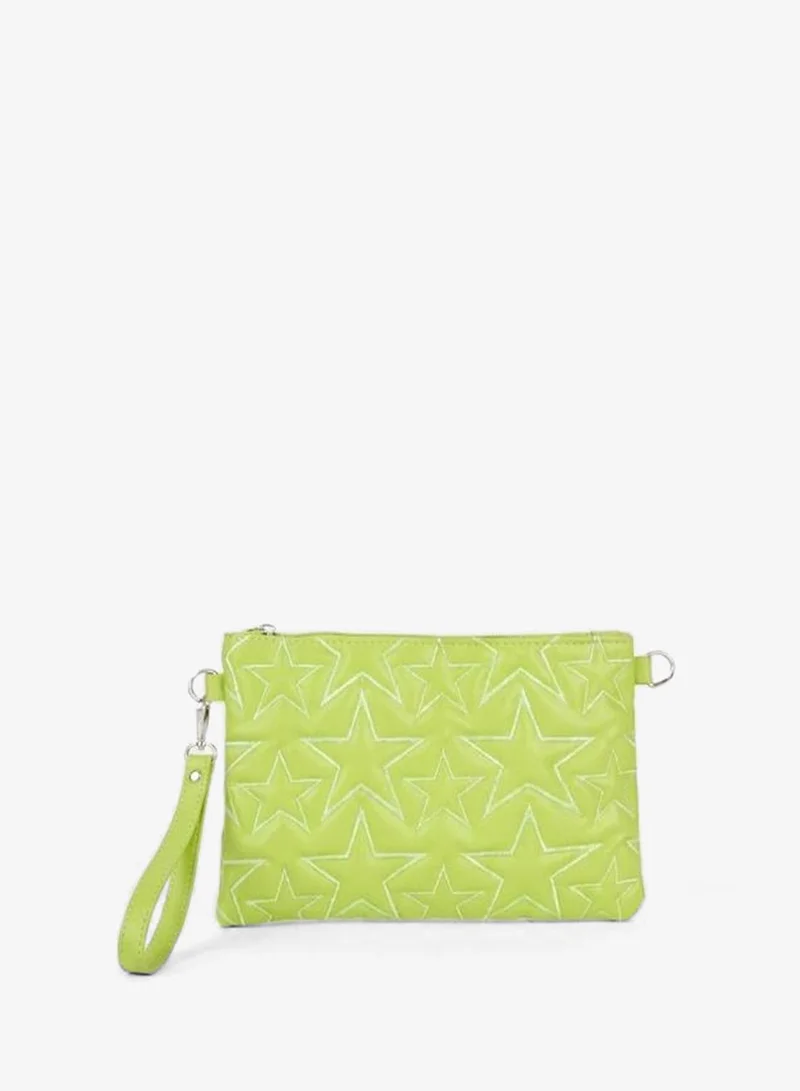 Women's Neon Green Star Embroidered Faux Leather Wrist and Chain Strap Portfolio Handbag and Clutch.