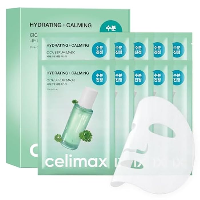 celimax The Real Cica Calming Serum Mask 10ea | with Centella Asiatica & Madecassoside, Korean Face Sheet Mask for Skincare, Hydrating, Wrinkle & Fine Lines, 27ml