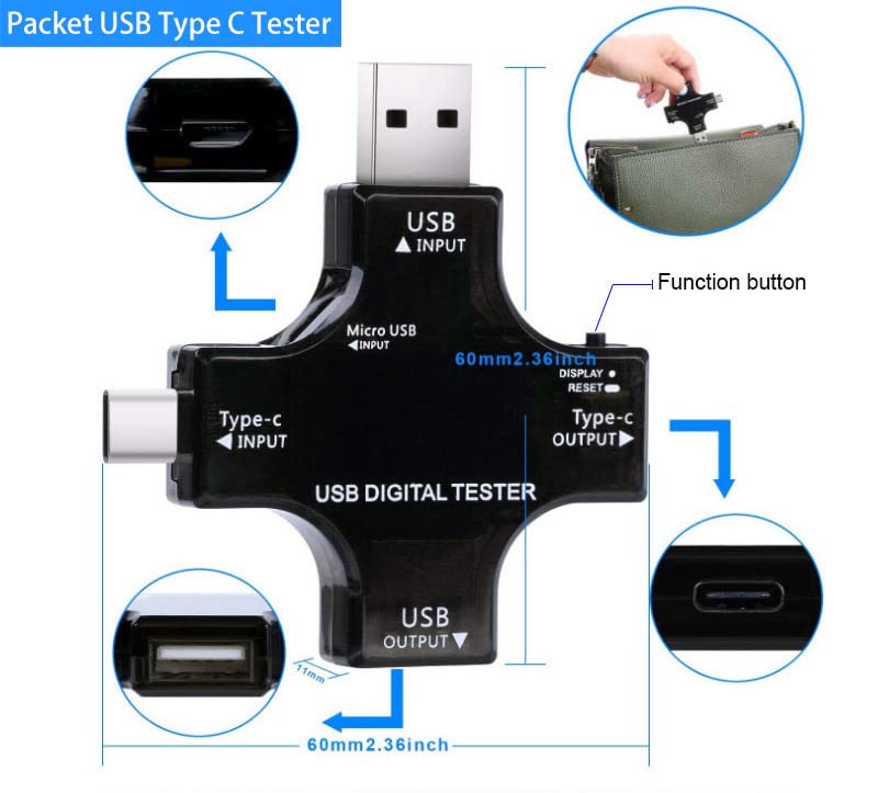 Eversame 2 in 1 Type C USB Tester Color Screen LCD Digital Multimeter, USB C Voltage Current Voltmeter Amp Volt Ammeter Detector USB Cable Charger Indicator DC3.6-30V/0-5.1A - Image 5