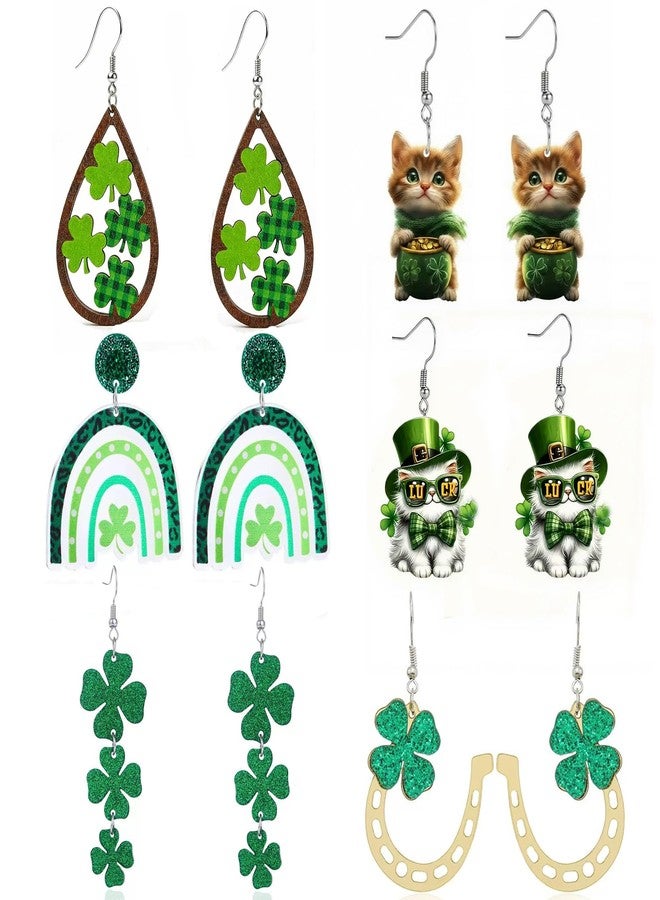 Dhdfisd St Patricks Day Earrings for Women Acrylic Shamrock Clover Irish Cute Cat Earrings Set Irish Party Green Gift 6PCS (St. Patrick Earring Set) - Image 1