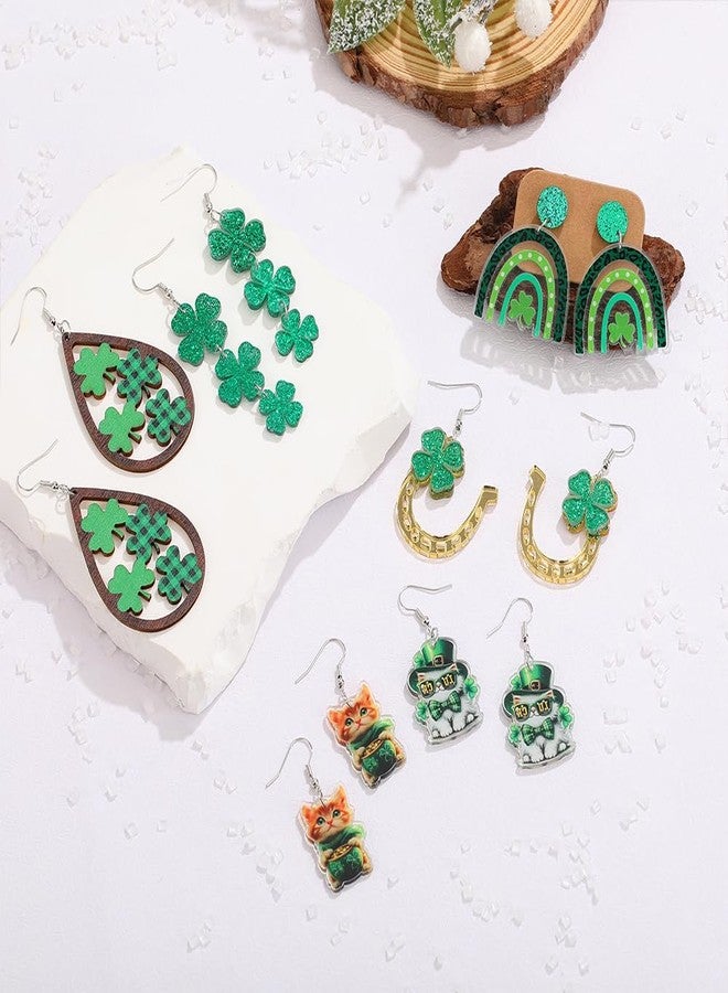 Dhdfisd St Patricks Day Earrings for Women Acrylic Shamrock Clover Irish Cute Cat Earrings Set Irish Party Green Gift 6PCS (St. Patrick Earring Set) - Image 3