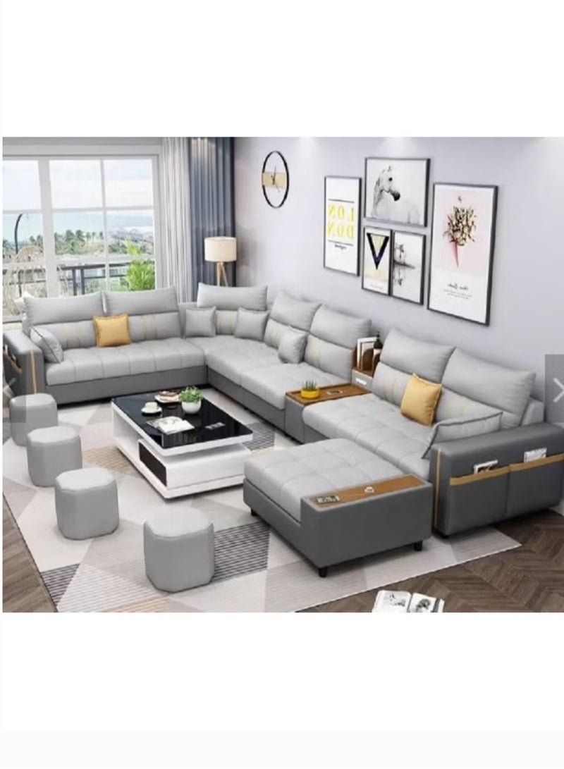 KARNAK Zara Modern Couch U Shaped PU Leather Living Room Furniture Chaise Lounge Sectional L Shape Corner Sofa Set Grey 7 Seaters 389x231x86cm - Image 1