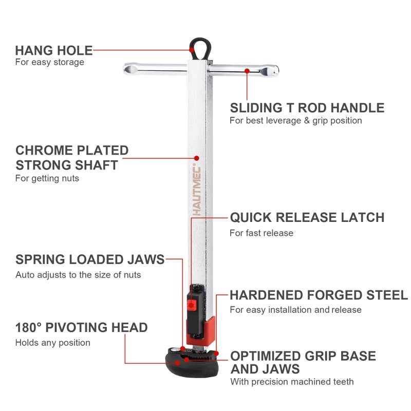 HAUTMEC 11-18inch Telescoping Basin Wrench, Sink Faucet Wrench for Tight Spaces with Replaceable Jaws Capacity 1-1/4''to 2-1/2", Plumber Wrenches for Faucet Hex Nuts Install and Repair Under Sink - Image 2