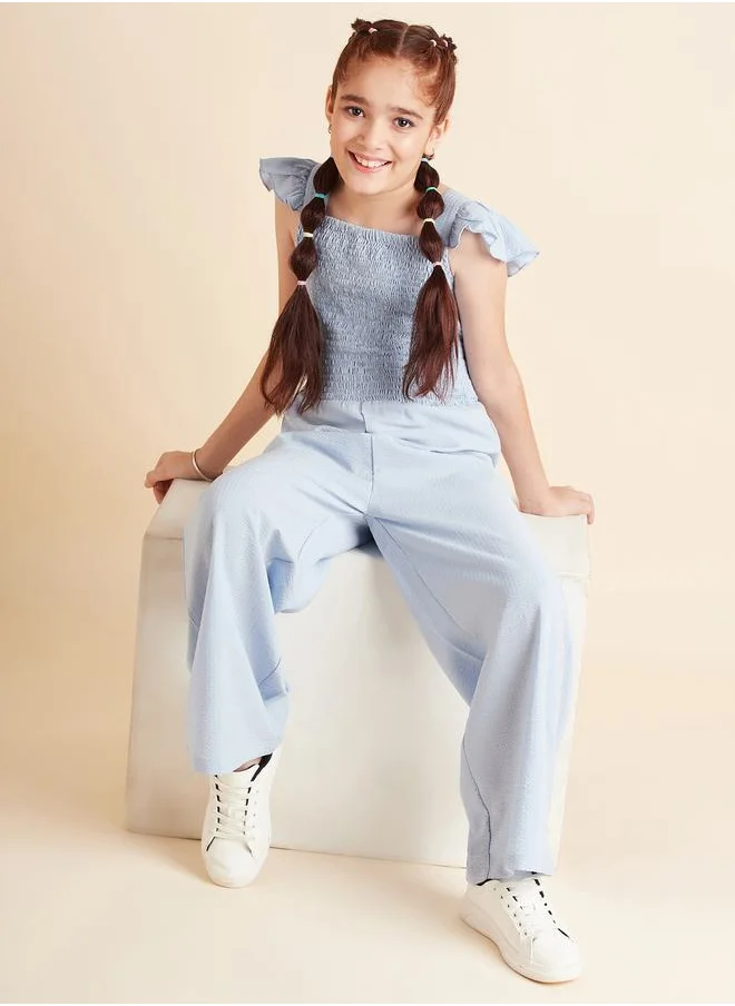 ستايلي Frill Sleeves Smocked Detail Wide Leg Jumpsuit