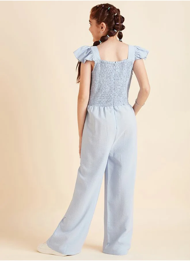 ستايلي Frill Sleeves Smocked Detail Wide Leg Jumpsuit