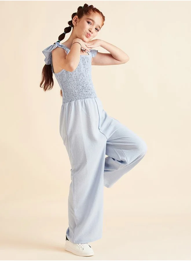 ستايلي Frill Sleeves Smocked Detail Wide Leg Jumpsuit