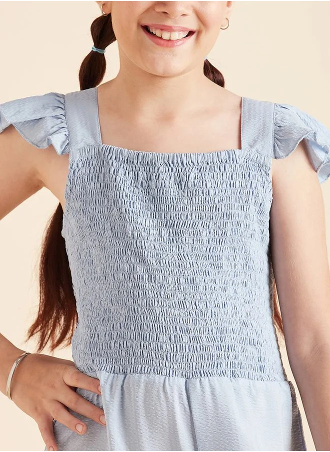 ستايلي Frill Sleeves Smocked Detail Wide Leg Jumpsuit
