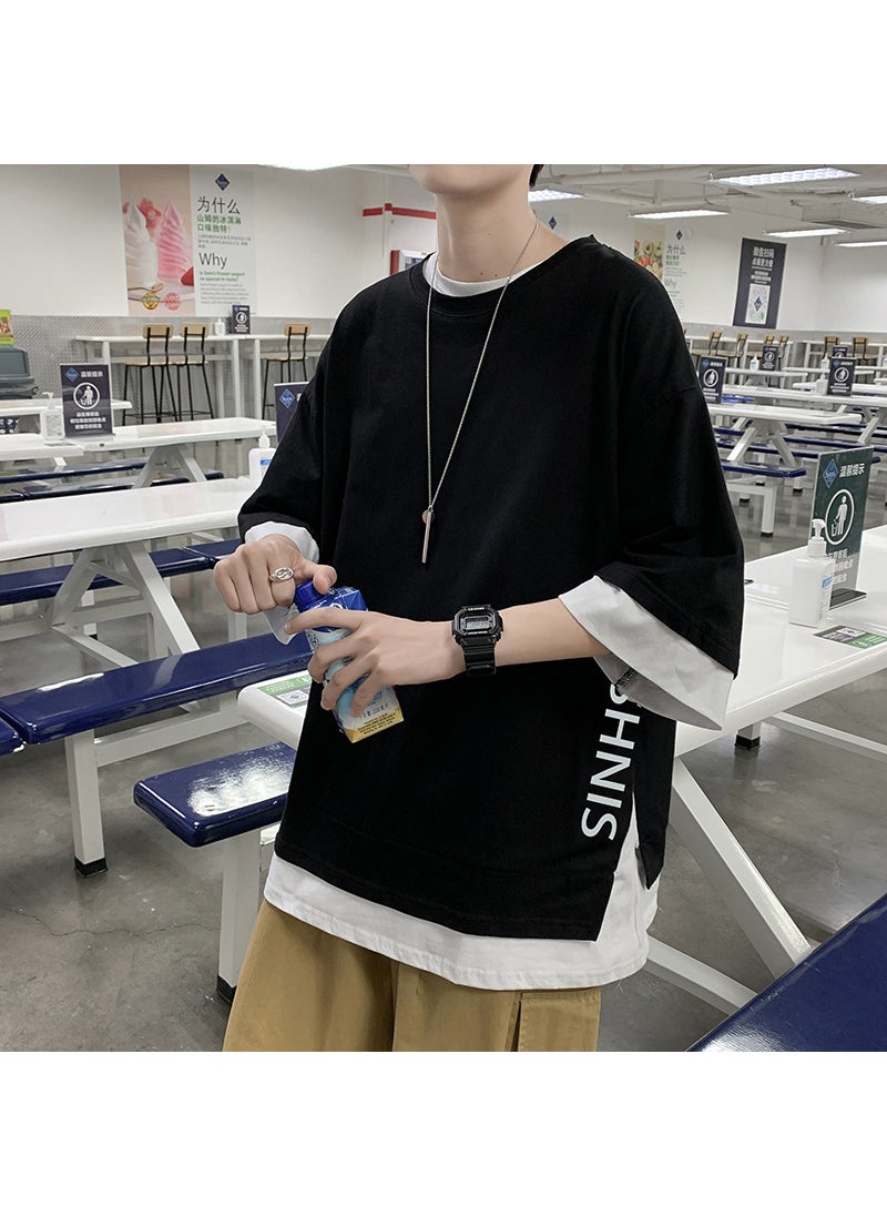 Generic - Two-piece Illusionshort Sleeves T-shirts Men Loose-fit Trendy Brand Hong Kong Style Five-minute Sleeve Top Summer Hooligan Cool Blue - Image 1